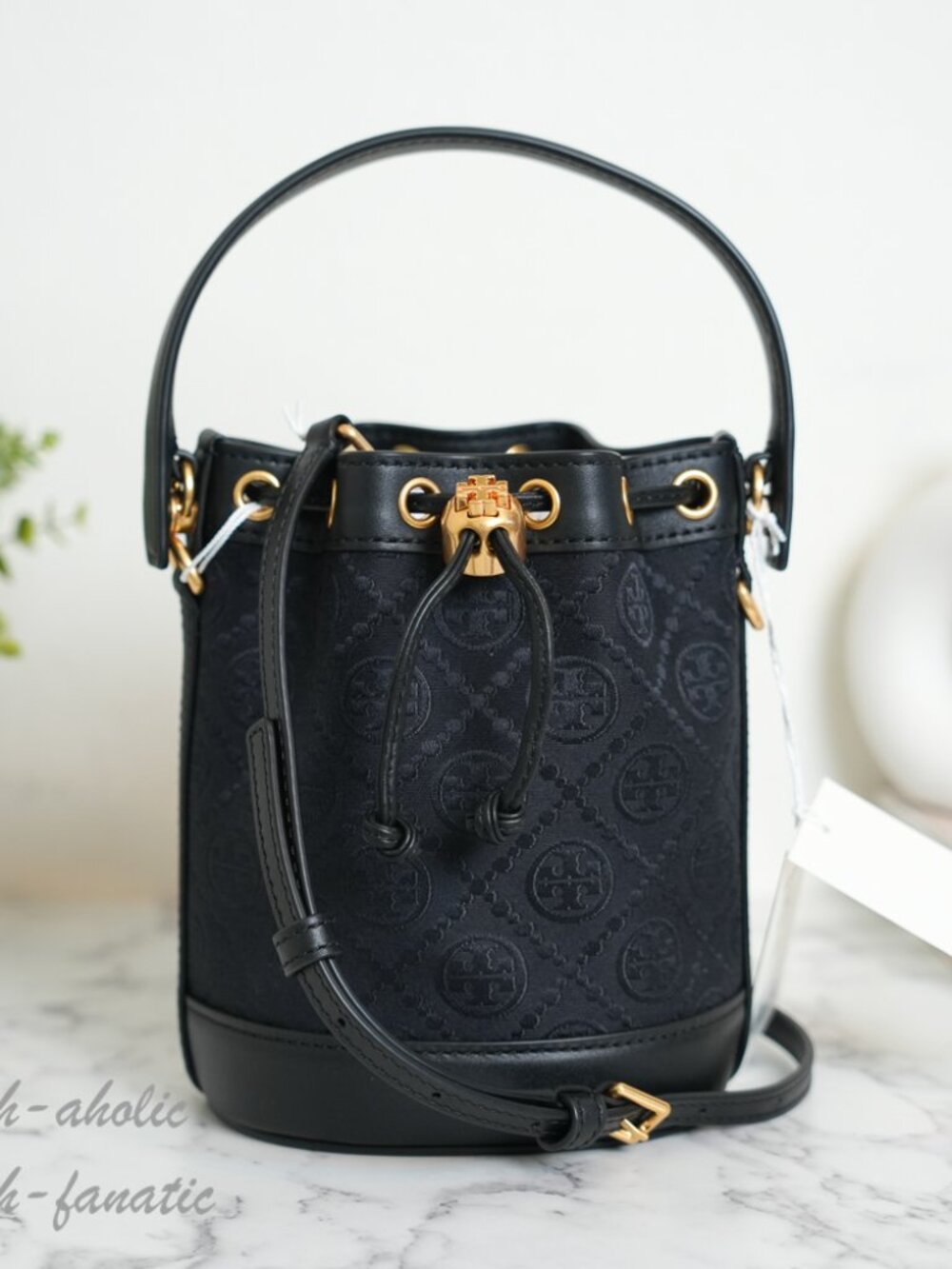Tory Burch T Monogram Mini Bucket Bag Crossbody in Black NWT